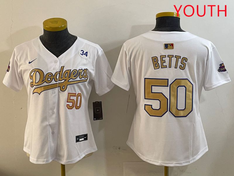 Youth Los Angeles Dodgers 50 Betts White Champion gold character 2025 Nike MLB Jersey style 4093